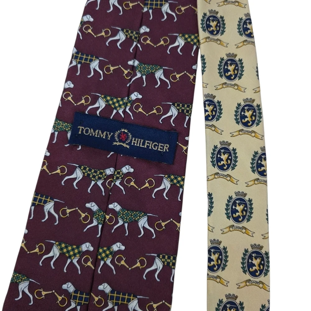 Vtg 90s Tommy Hilfiger Silk Tie Burgundy Hunting Dog Equestrian Crest USA Made
